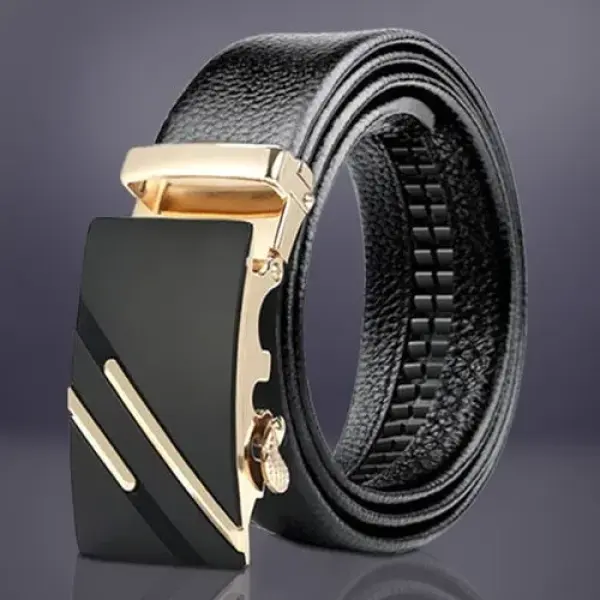 Automatic Buckle Men Leather Belt - Black/Gold